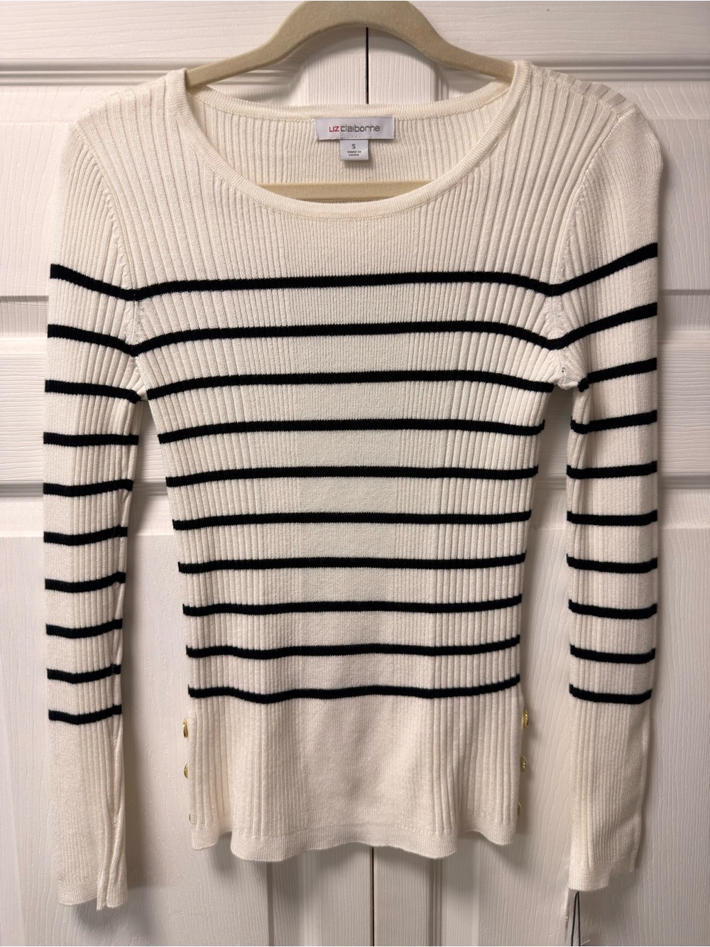 Liz Claiborne White and Black Striped Ribbed Crewneck Sweater